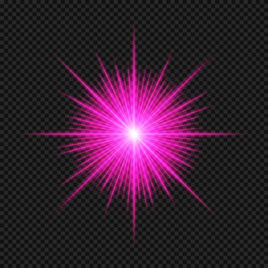 Lens fişeklerinin vektör ışığı etkisi. Pembe parlak ışık efektleri ve şeffaf bir arka planda parıltılar.