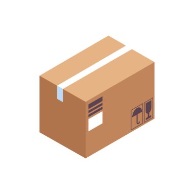 Vektör parsel karton kutu taşıyıcı paket kağıt kutu düz çizgi film tasarımı beyaz üzerine izole