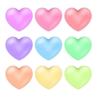 Beyaz arka planda izole edilmiş sevimli, renkli kalpler.