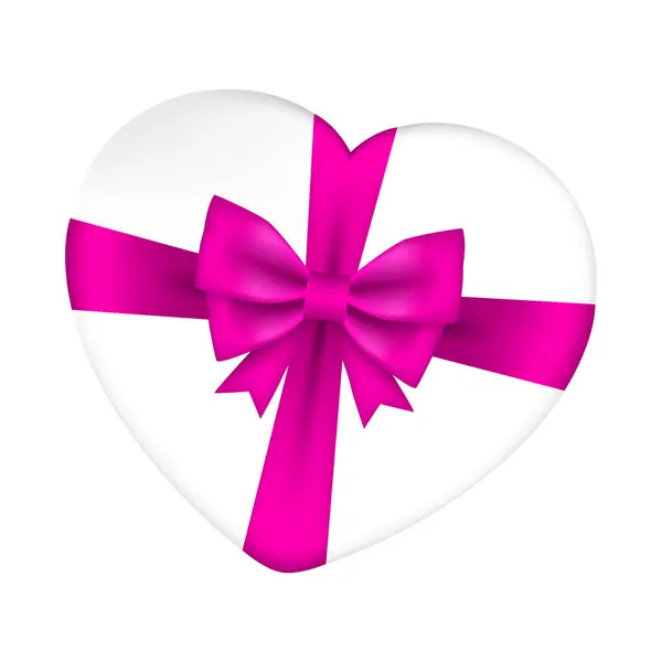 Векторная Коробка Подарка Форме Сердца Розовая Атласная Лента Изолированы Белом — стоковый вектор