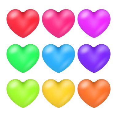 Beyaz arka planda izole edilmiş vektör renkli kalpler.