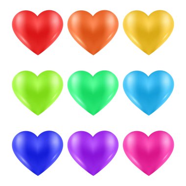 Beyaz arka planda izole edilmiş renkli 3D kalp vektör kümesi