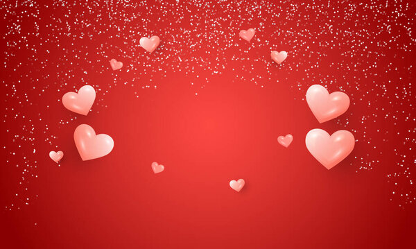 Vector beautiful red love background with hearts and silver glitter