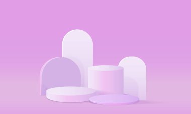 Gerçekçi mor ve beyaz silindir kaide podyumu olan asgari mor 3D oda