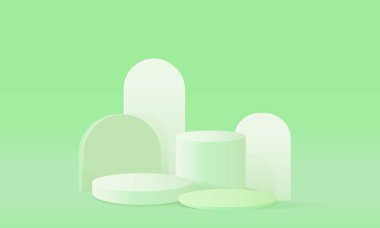 Gerçekçi yeşil ve beyaz silindir kaide podyumu olan asgari yeşil 3D oda