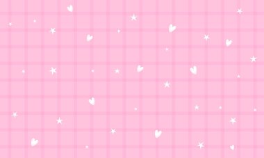 Sevimli pembe gingham ekose desenli kalp ve yıldız arkaplan kağıtlı vektör.