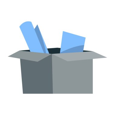 İçinde eşyalar olan karton bir kutu. Ofis malzemeleri ve dekorasyon konteynırı