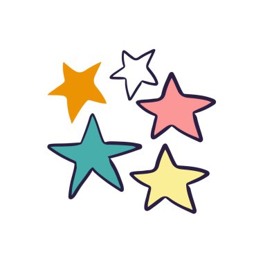 Vector doodle tarzı el çizimi. Farklı şekillerde renkli yıldızlar. izole vektör illüstrasyonu