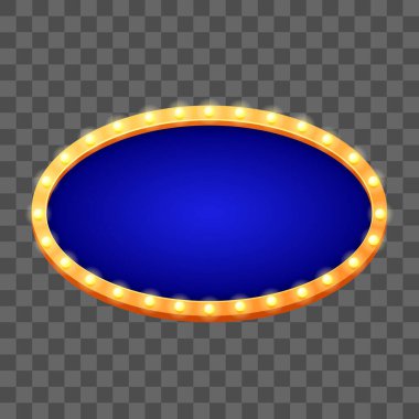 Şeffaf arkaplanda pano ve ampul çerçeveli vektör retro reklam panosu veya ışık kutusu
