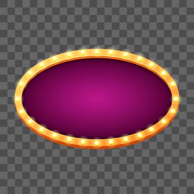 Şeffaf arkaplanda pano ve ampul çerçeveli vektör retro reklam panosu veya ışık kutusu