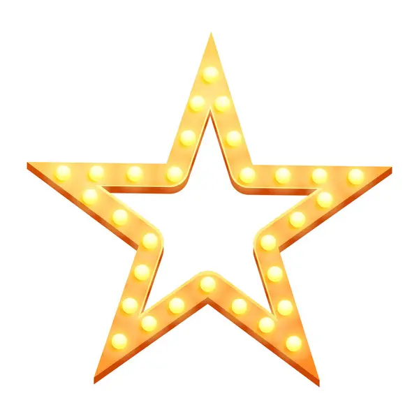 Vektör retro şov zamanı yıldız çerçevesi gerçekçi illüstrasyon işaretleri gösterir. Performans için elektrik ampulleri olan altın yıldız çerçevesi