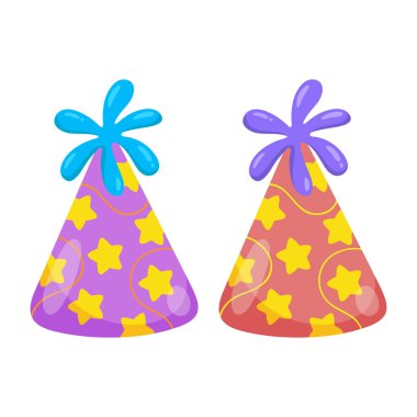 Vektör çizgi filmi Mutlu yıllar parti kutlaması koni şeklinde şapkalar