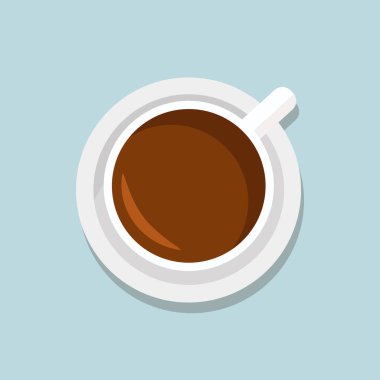 Beyaz arka plan illüstrasyonunda izole edilmiş bir fincan sade kahve ve fincan tabağı üst görünümü yönlendir