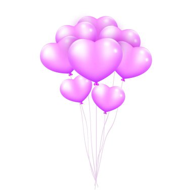 Vektör gerçekçi mor 3D kalp balonları şeffaf arka plan hava helyum balonu izole