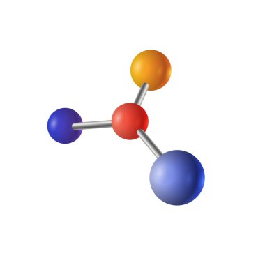 Üç küçük atom ve büyük maviden oluşan 3D molekül vektör modeli izole edilmiş küçük elementlerle birleşir