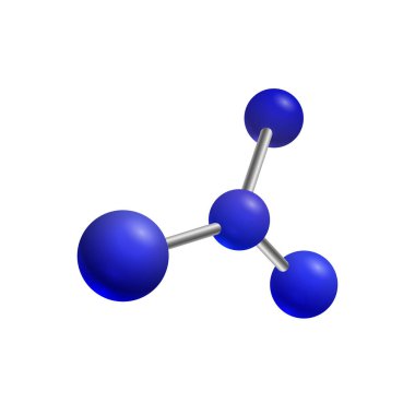 Üç küçük atom ve büyük maviden oluşan 3D molekül vektör modeli izole edilmiş küçük elementlerle birleşir