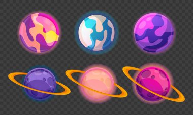 Renkli gezegen koleksiyonuna sahip karikatür galaksisi arkaplanı