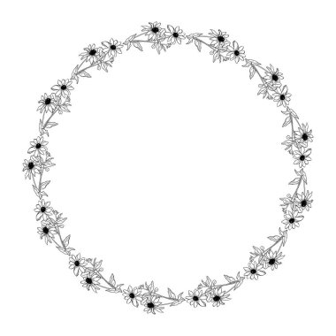 Vektör el siyah ve beyaz çiçek çelengi çizdi