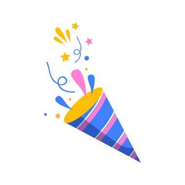 Konfeti gibi parlak bir çizgi film doğum günü krakeri izole edilmiş vektör patlaması.