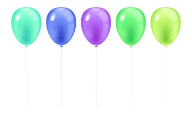 Gerçekçi renkli uçan balonlar doğum günü partisi kurdelesi.