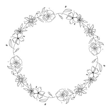 Beyaz arka planda el çizilmiş çiçek çelenk