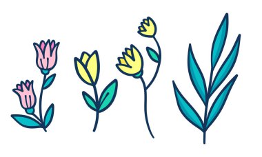 El çizimi bahar çiçekleri, güzel bahar çiçekleri koleksiyonu