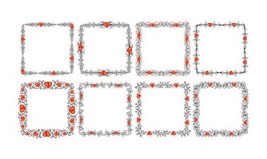 El çizimi düz tasarım kalpler sınır ve çerçeve koleksiyonu
