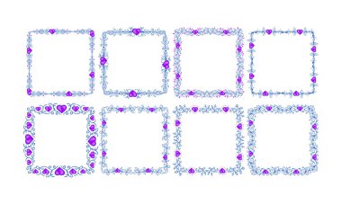El çizimi düz tasarım kalpler sınır ve çerçeve koleksiyonu