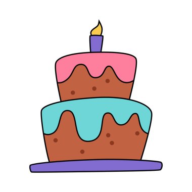 Beyaz üzerine şirin doğum günü pastası çizgi film ikonu illüstrasyonu