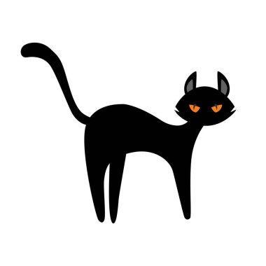 Siyah kedi geriye doğru eğiliyor. Evcil hayvan, terör, korku. Cadılar Bayramı konsepti