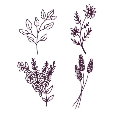 El çizimi çiçek ve yaprak illüstrasyon koleksiyonu