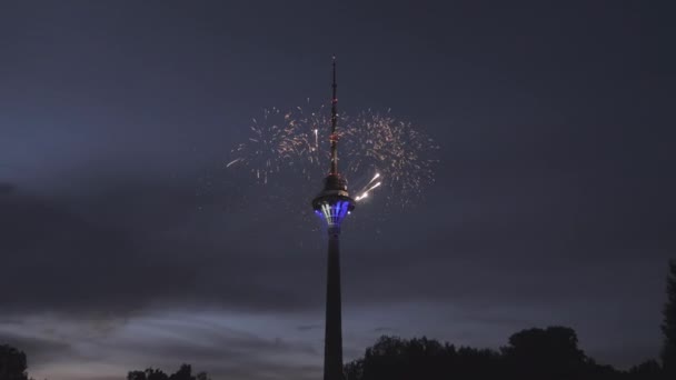 Tallinn Estonia August 2020 Fogos Artifício Brilhantes Torre Tallinn Estónia — Vídeo de Stock