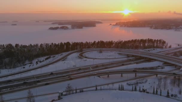 Espoo Finland February 2022 Drone Shot Beautiful Sunset Keilaranta Nordic — Video Stock