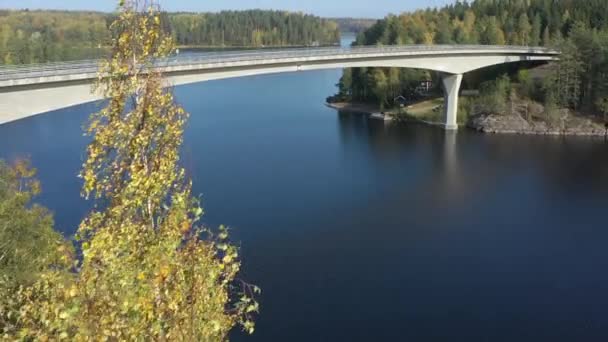 Long Bridge Lake Saimaa Finland Seen Aerial View Russian Finnish — Stockvideo