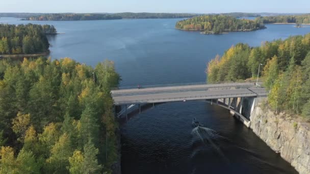 Drone Shot Long Bridge Lake Saimaa Finland Speedboat Water Russian — Stockvideo