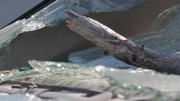 Closeup Shot Remains Broken Windshield Car Window Broken Due Vandalism — Stock Video