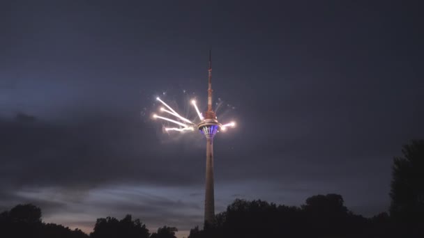 Talinn Estonia August 2020 Torre Com Fogos Artifício Brilhantes Tallinn — Vídeo de Stock