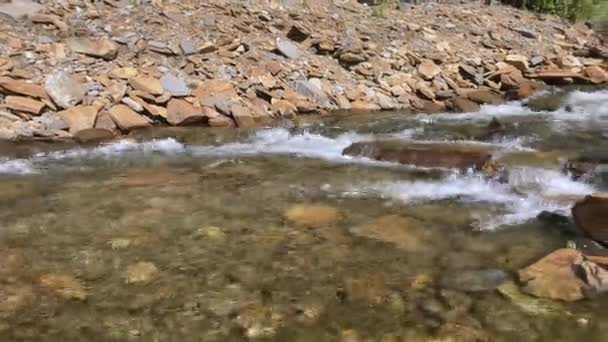 フィヨルドの地形からノルウェーの岩の川で急流する水のより近い外観 サマータイム カメラの動きは下から上へ ジオロジーショット — ストック動画