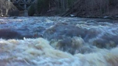 Güneşli bir günde etrafı ormanla çevrili hızlı bir nehrin insansız hava aracı görüntüsü. Kamerayla çekilen hava jeolojisi su yüzeyine doğru yavaşça ilerliyor..