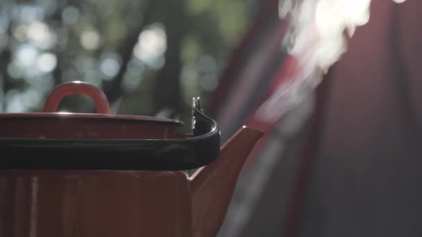 Aus Einer Roten Kaffeekanne Steigt Dampf Auf Hintergrund Ein Zeltplatz — Stockvideo