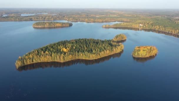 秋天阳光明媚的日子里 萨马湖中央岛上树木的空中景观 相机朝前移动 靠近俄罗斯 芬兰边境 地质学录像 — 图库视频影像