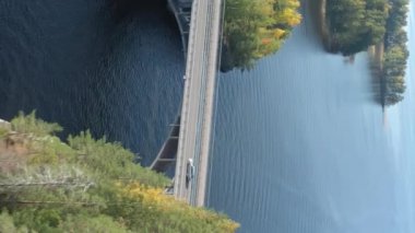 Finlandiya 'daki büyük Saimaa Gölü' nün ve adalardaki ağaçların insansız hava aracı görüntüleri. Kamera ileri yönde hızlı hareket eder. Arabalar köprüde. Rusya-Finlandiya sınırına yakın. Dikey Biçim Videosu