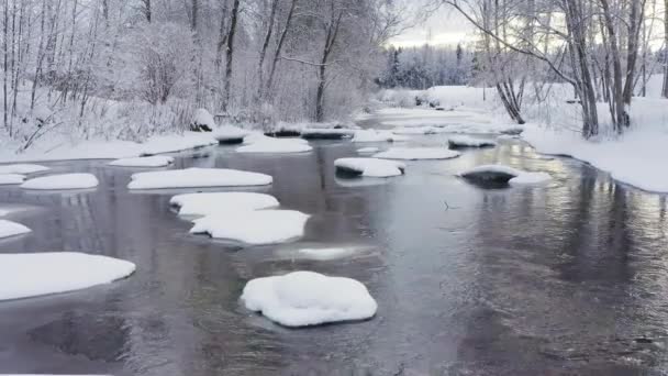 Kameny Které Jsou Pokryty Bílým Sněhem Řece Daleko Dál Les — Stock video