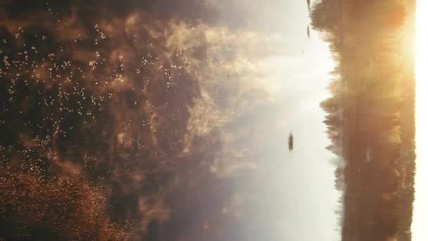 Sabah Güneşleri Gölün Pürüzsüz Sisli Yüzeyinde Parlıyor Sıcak Renk Tonu — Stok video