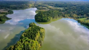 Finlandiya 'da karavan bölgesinde göl kenarındaki yeşil ağaçlar hava manzarasında görülür.