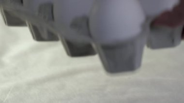 Masaya iki eliyle bir tabak beyaz yumurta koy. Bir sürü yumurta var. Yakın çekim. Bulanık arkaplan.