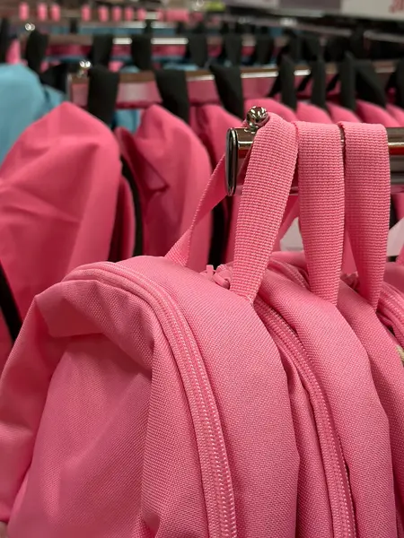 Canlı pembe sırt çantaları, bir perakende mağazasının içindeki askıda, renkli tasarımlarını ve sağlam fermuarlarını sergileyerek, müşterileri günlük kullanım için şık seçenekleri keşfetmeye davet ediyor..