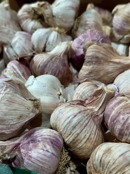 Bir markette üst üste dizilmiş taze sarımsak soğanlarının yakın plan görüntüsü. Sarımsak, yemek meraklıları ve alışveriş meraklılarına hitap eden mor ve beyaz çeşitlerin bir karışımını sergiliyor..