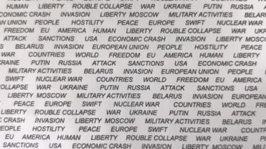 Rus istilası, Ukrayna kavramının siyah metni beyaz kağıt üzerinde. Askeri faaliyetler. Kırmızı çizgiler. Kriz. Yaptırımlar. Kamera yavaşça ileri ve aşağı hareket ediyor. Yakın çekim..
