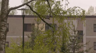 Helsinki. Finlandiya-1 Haziran 2022: Helsinki 'de bir kentsel alanda yaz mevsimi boyunca yağış. Yerleşim yeri. Doğa. Şehirdeki yeşillik. Bahar ve yaz. Paneldeki ev. Kamera yakınlaştırılıyor.